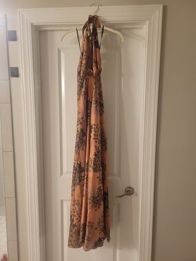 Aakaa Brown Floral Satin Dress